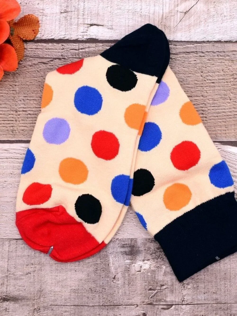 Miley Splash Womens Polka Dot Socks Colorful Dots on Cream Black Heel Red Toe